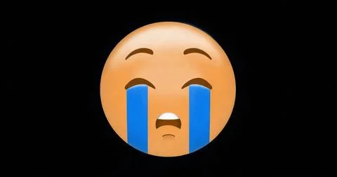 Displaying large crying face emoji streaming blue tears on solid black backgr 스톡 일러스트