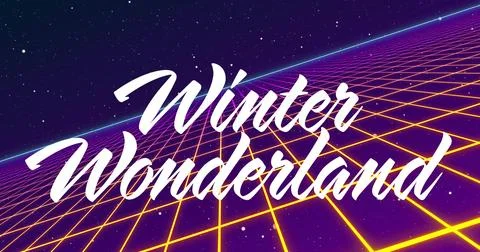 Displaying large cursive 'Winter Wonderland' text in retro neon grid, cyan Stock Photos