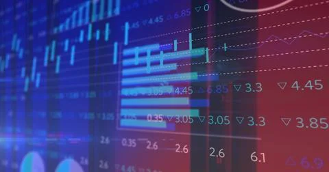 Displaying large digital dashboard showing market data at trading desk, with Stock Illustration