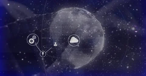 Displaying large dotted globe rotating in deep space, showing cloud, gear, idea, 库存插图