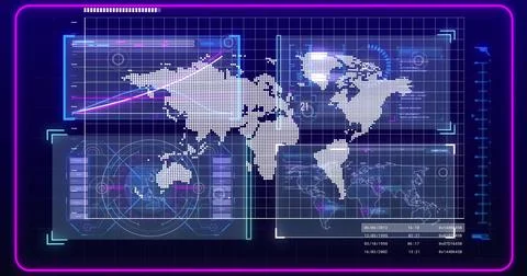 Displaying large dotted world map centered on virtual dashboard, with Illustrazione stock