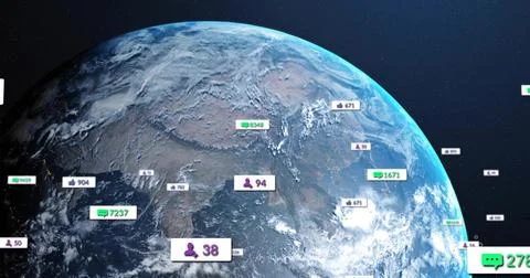 Displaying large Earth globe floating in space, with thumbs-up, comment, user Stock Photos