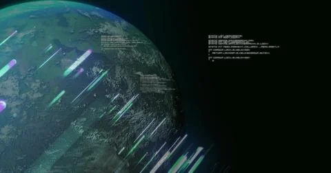 Displaying large Earthlike planet rotating in space, showing colorful streaks Stock Illustration