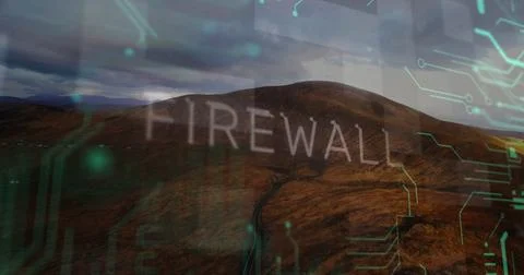 Displaying large FIREWALL text overlaying rural mountain road with turquoise 스톡 사진