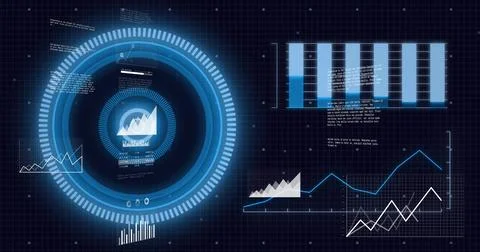 Displaying large glowing circular HUD left on dark grid panel, inner chart icon, Stock Illustration