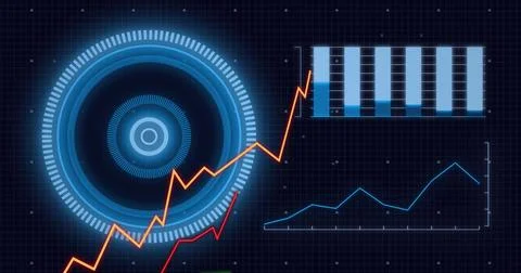 Displaying large glowing concentric HUD on left of analytics dashboard, with Stock Illustration