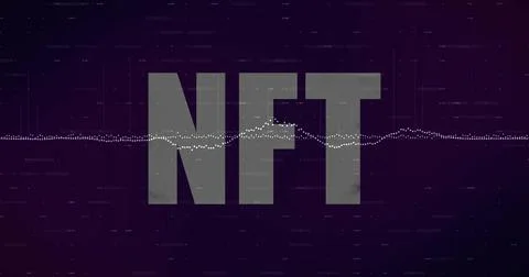 Displaying large gray NFT letters in dark purple, intersecting white dotted Stock Illustration