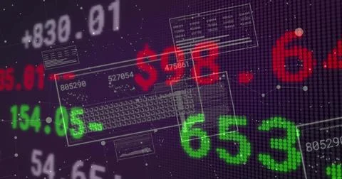 Displaying large green 653 and red dollar sign on virtual trading dashboard with Stock Illustration