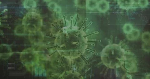 Displaying large green virion rotating in microscopic view, with grid, blurre Illustrazione stock