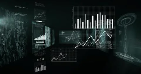 Displaying large gridded panel showing bars and white line in dark virtual Stock Illustration