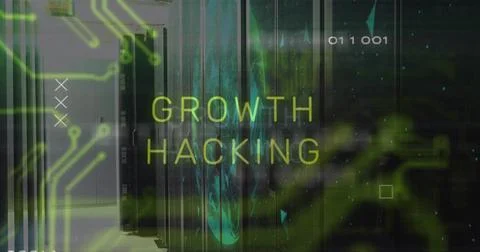 Displaying large GROWTH HACKING text glowing across server room, with server Illustration
