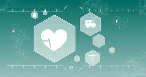 Displaying large hexagonal panel showing ECG line on medical UI, with ambulance Stock Illustration