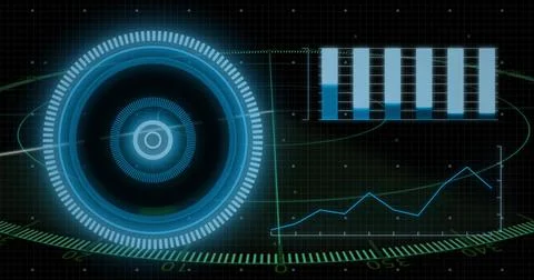 Displaying large HUD target, radial ticks and ring on left grid, showing bar  Stock Illustration