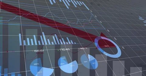 Displaying large maroon diagonal arrow circling tip signaling decline on 3D grid Stock Illustration