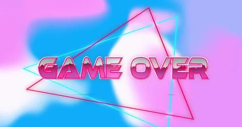 Displaying large metallic pink GAME OVER text centered in synthwave artwork,  Stock Illustration
