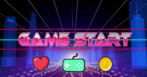 Displaying large neon GAME START title dominating virtual stage, featuring pixel Stockillustratie