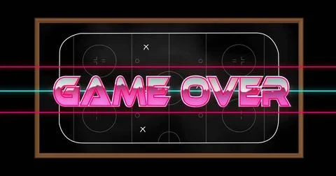 Displaying large pink 3D GAME OVER text on framed board, crossing neon bars and Stock Illustration