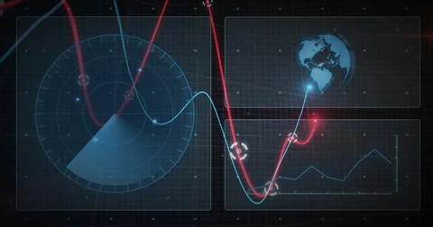 Displaying large radar circle scanning left on dark HUD, tracking red cyan Stock Photos