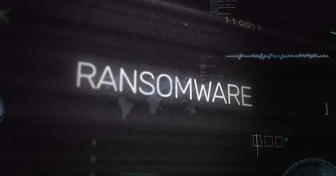 Displaying large RANSOMWARE label centered on computer display, showing world Stock Illustration