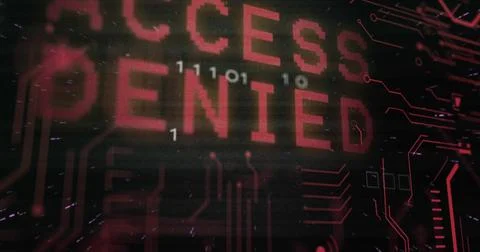 Displaying large red ACCESS DENIED text glitching on monitor, with binary digits Stock Photos