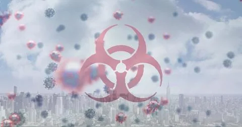 Displaying large red biohazard symbol hovering over urban skyline, with floating Stock Illustration