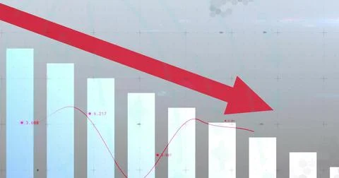 Displaying large red downward arrow overlaying bar chart on infographic, with 스톡 일러스트
