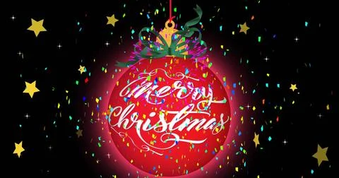 Displaying large red ornament reading Merry Christmas on black backdrop, with Stockillustratie