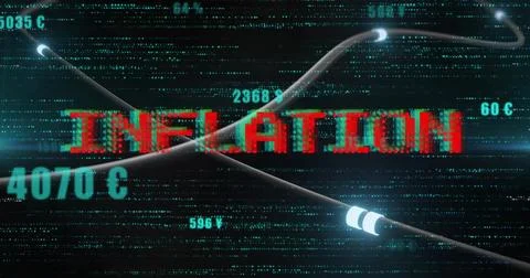 Displaying large red pixelated word INFLATION glitching across teal numeric Stock Illustration