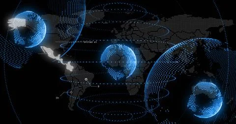 Displaying large right-side dotted globe orbiting over dotted world map with イラスト素材