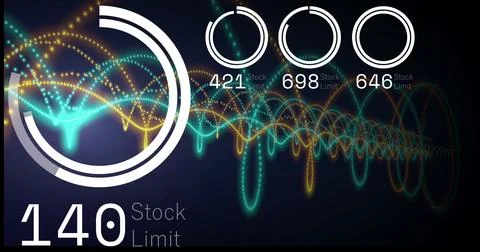Displaying large ringed gauge left of panel, showing neon waveforms and 140 Stock Photos