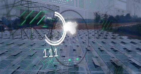 Displaying large solar panels spanning rooftop, showing HUD charts and green Stock Photos