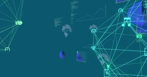 Displaying large spherical wireframe glowing on right in digital interface, with Illustrazione stock