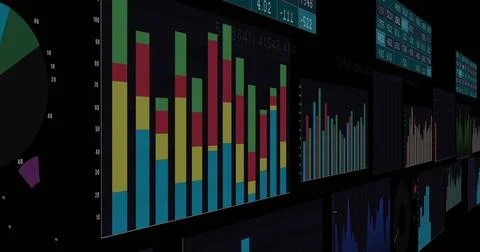 Displaying large stacked bar chart panel on analytics wall, showing partial p Stock Illustration