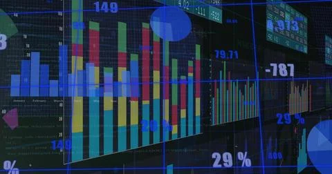 Displaying large stacked vertical bar chart on monitor, showing line graphs,  Stock Illustration