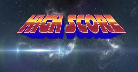 Displaying large stylish 3D text HIGH SCORE glowing over nebula stars, lens Illustrazione stock