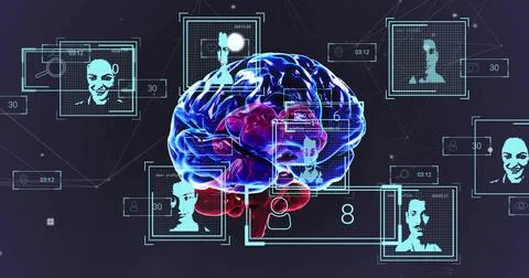 Displaying large stylized 3D brain model linking HUD frames and pixelated por Stock Illustration