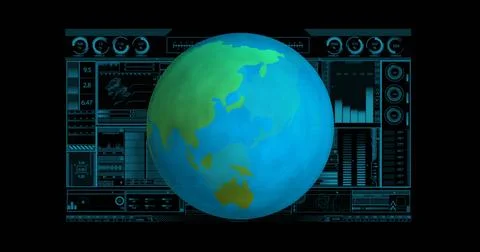 Displaying large stylized globe glowing on analytics dashboard, with HUD panels Stock Illustration