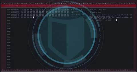 Displaying large stylized shield centered on dark security screen, with hex dump Stock Illustration