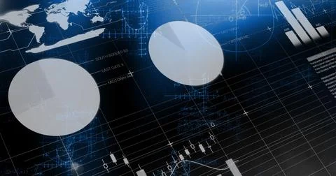 Displaying large translucent circular chart dominating left screen with world Foto stock