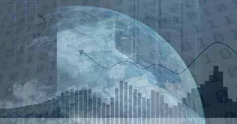 Displaying large translucent globe filling data center, with charts, line-arrow, Stock Photos