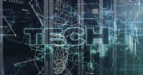 Displaying large transparent TECH text over translucent panels in digital grid, 스톡 사진