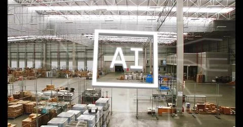 Displaying large warehouse storing pallets, boxes, pallet racks, rolling carts, Stock Photos