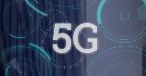 Displaying large white 5G text glowing in abstract digital interface, with Stock Photos