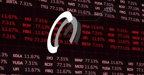 Displaying large white and gray curved logo obscuring ticker feed on dark grid, Stock Illustration