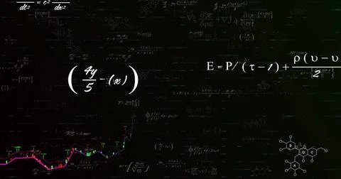 Displaying large white equations centered on dark virtual slate, showing left Stock Illustration