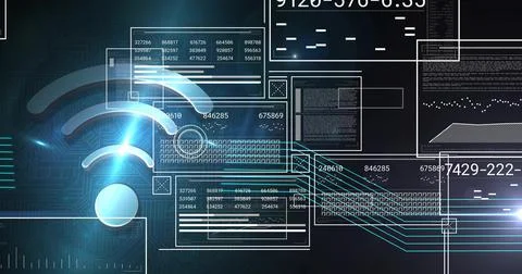 Displaying large Wi-Fi icon on left of circuit board dashboard, with data 스톡 일러스트