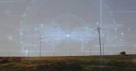 Displaying large wind turbine rotating over grassy plain, with digital HUD Stock Illustration