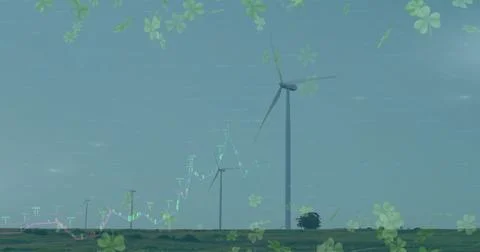 Displaying large wind turbine rotating on grassy plain, showing candlestick 스톡 사진