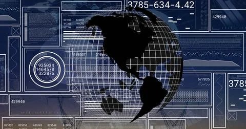 Displaying large wireframe globe rotating on digital dashboard, showing numeric Stock Photos