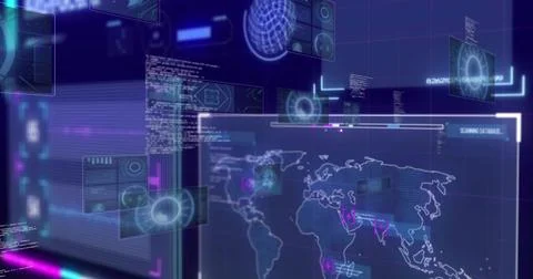 Displaying large world map HUD marking hotspots and live code in control room Stockfoto's